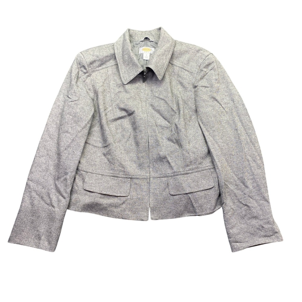 Talbots Petites Gray Wool Blend Zip Up Blazer Jacket Size 12P Italian Fabric